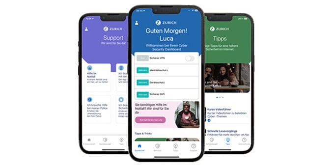 Drei Handymockups mit Ausschnitten der Cyber-App Drei Handymockups mit Ausschnitten der Cyber-App