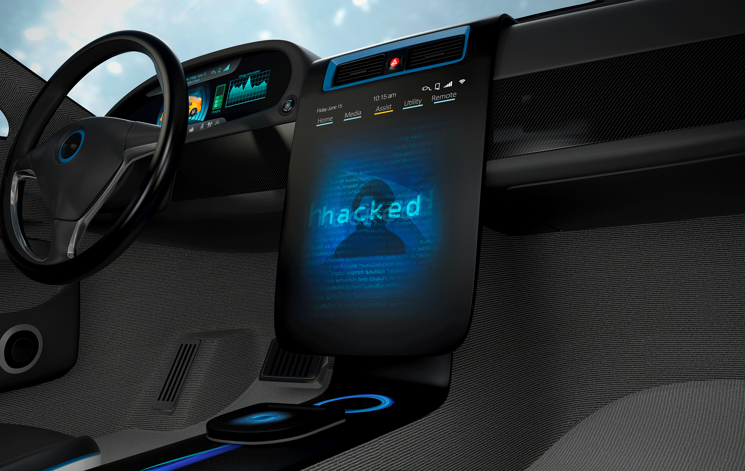 Digitales Armaturenbrett im Auto mit Warnung „hacked“ – Cyberangriff auf Fahrzeugtechnologie sichtbar Digitales Armaturenbrett im Auto mit Warnung „hacked“ – Cyberangriff auf Fahrzeugtechnologie sichtbar