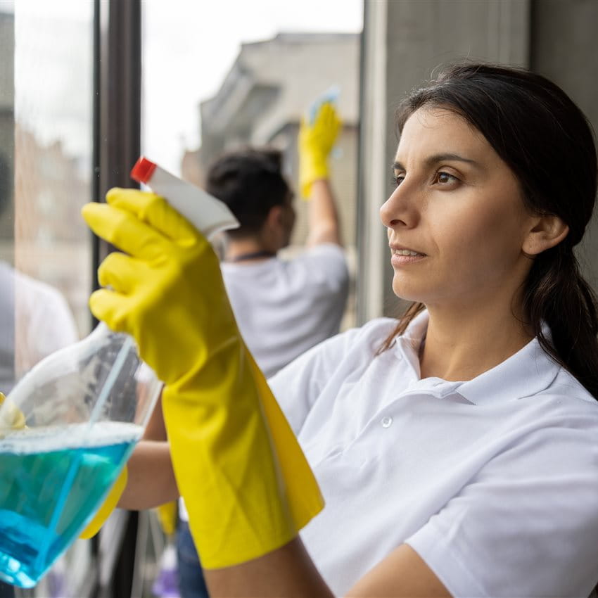 A woman is cleaning a window A woman is cleaning a window