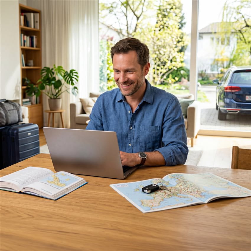 A man is sitting at a table with a laptop and maps. In the background, there are plants and a car. A man is sitting at a table with a laptop and maps. In the background, there are plants and a car.