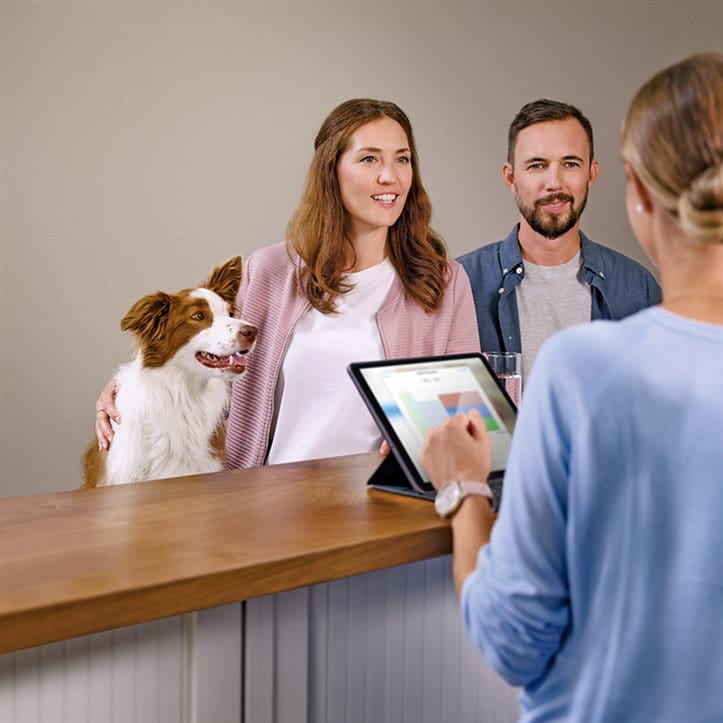 Woman and man with dog in pension consultation Woman and man with dog in pension consultation