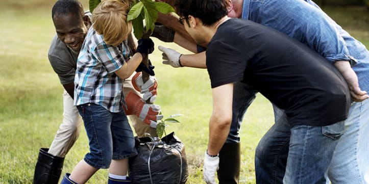 Men from several generations plant a tree together. Men from several generations plant a tree together.